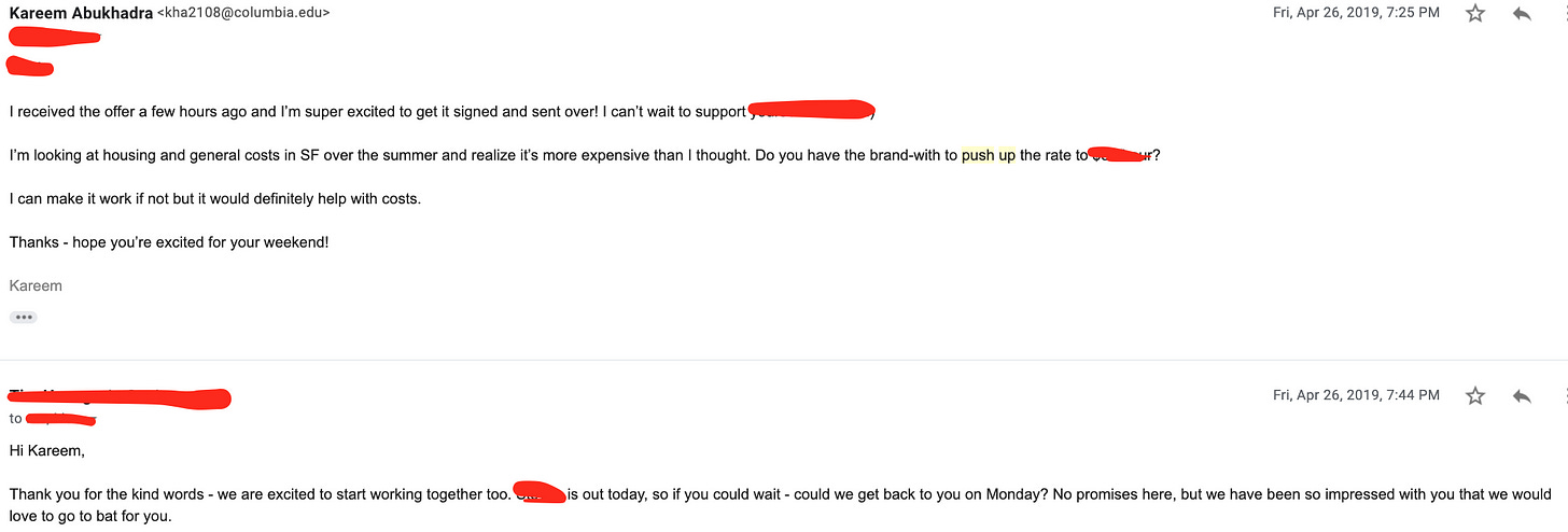 An email negotiating a higher rate, and the reply