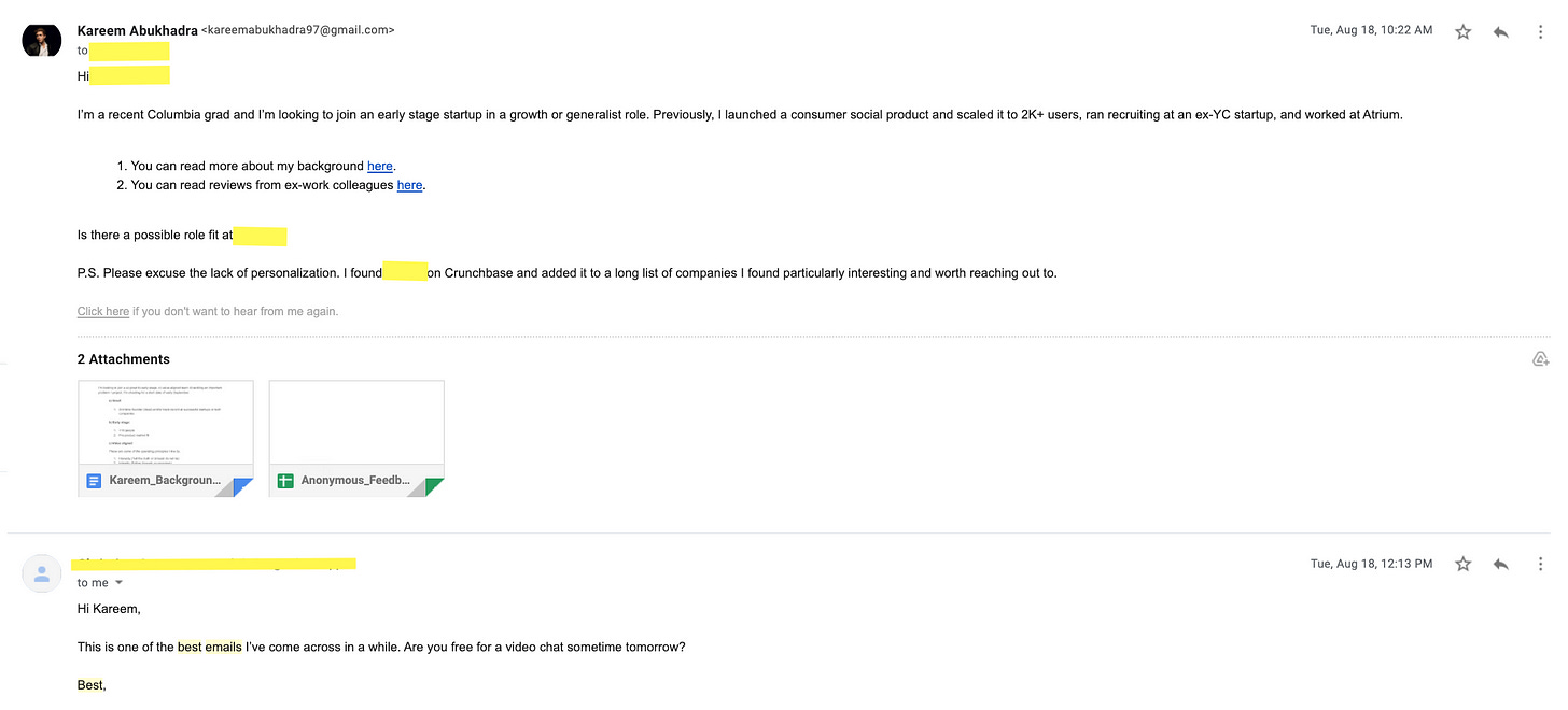 The cold email and the reply it received